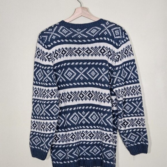 Over Pull Scandinavian Pattern Cardigan Womens L Blue White LS Cottage Lagenlook - Picture 14 of 14
